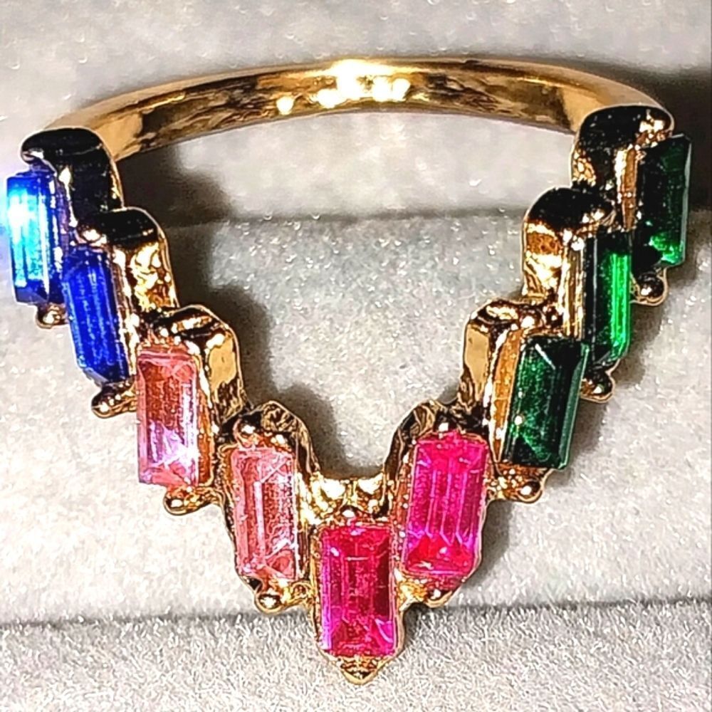 Fancy vintage geometric color block gem ring sz 6